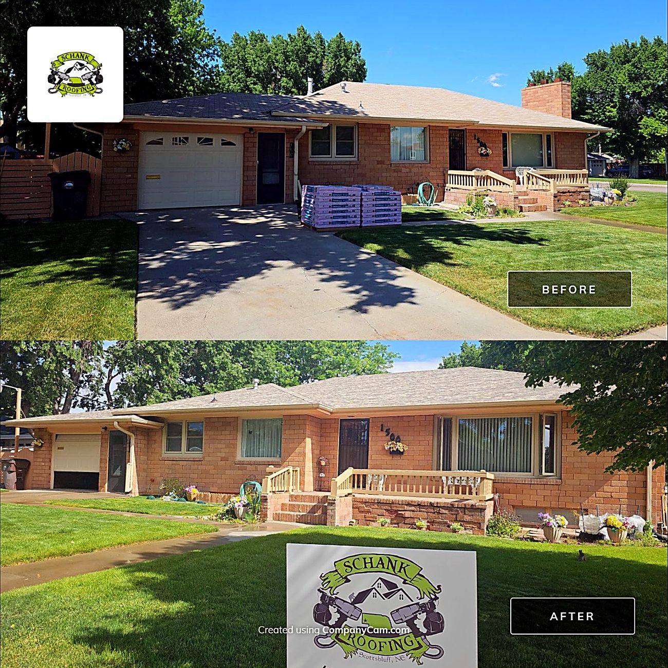 Before and after of the Eden residence in Gering, worn dark roof to new light gray shingles