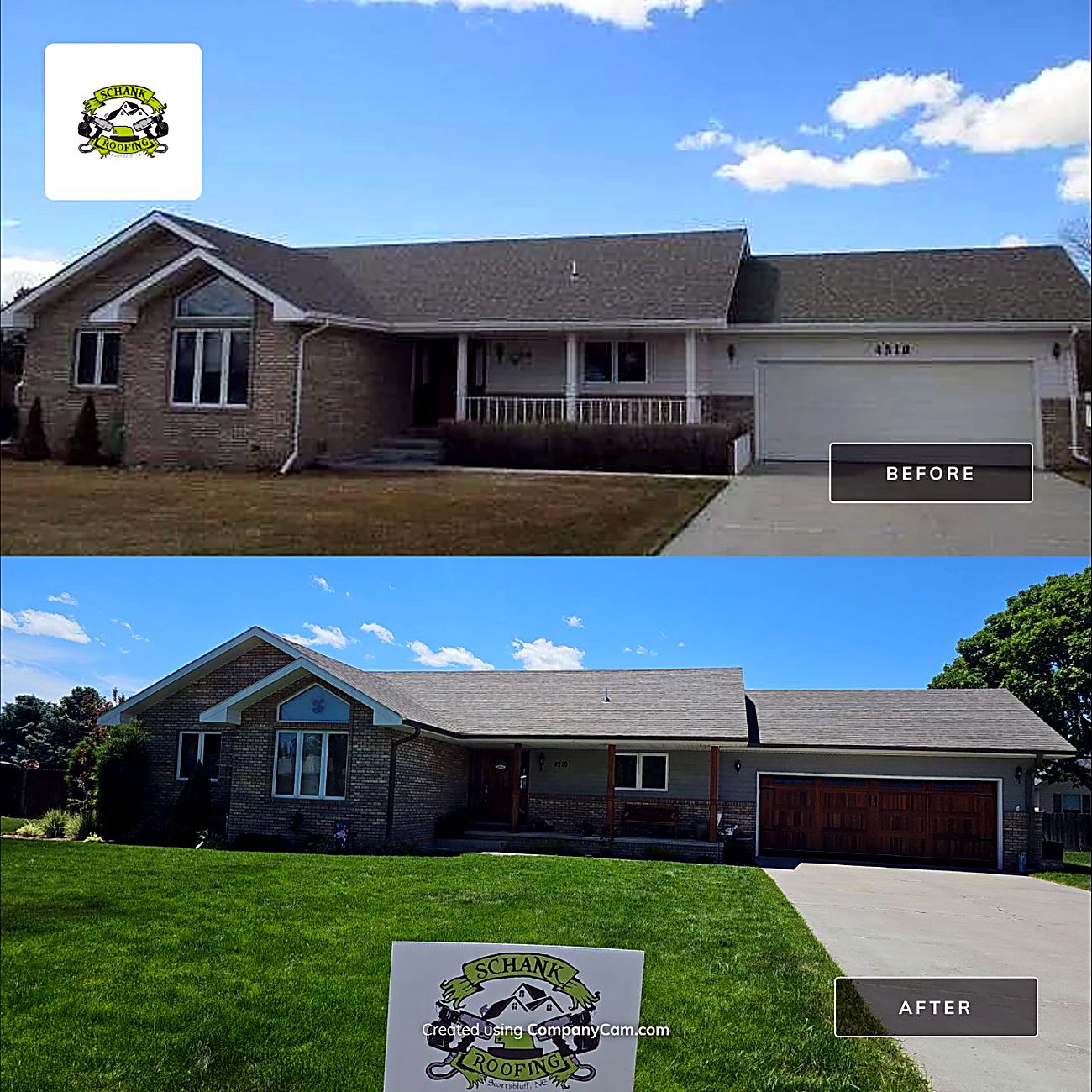 Before and after of the Molko residence in Scottsbluff, stone ranch with new gray shingles