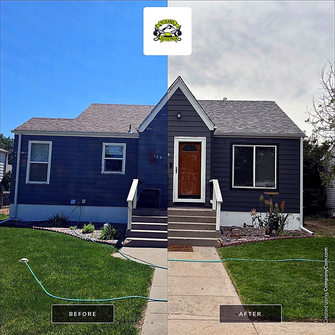 Before and after of the Powell home in Scottsbluff, worn exterior to new roof and siding