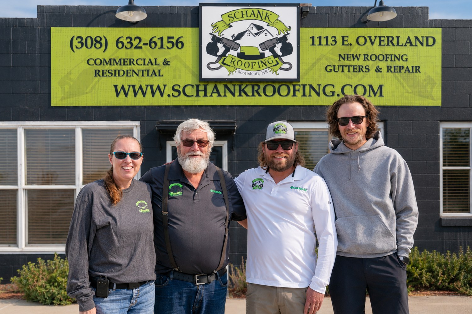 The Schank Roofing crew outside the shop on East Overland in Scottsbluff